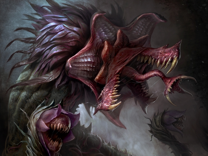 Diablo Immortal creature with sharp teeth and purple feathers