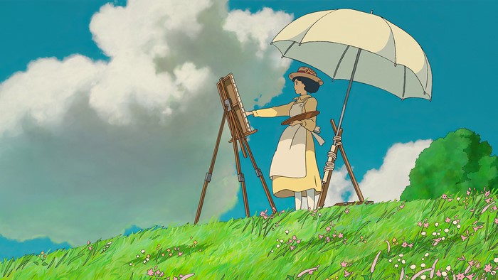 Anime girl painting outdoors under a parasol
