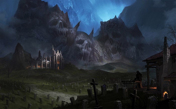 Fantasy art of a graveyard with a skull mountain
