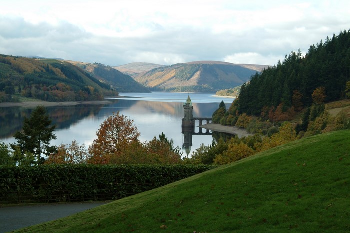 Lake Vyrnwy dam tower and reservoir in Wales