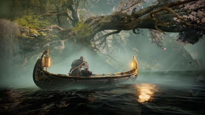 Kratos in a boat from God of War