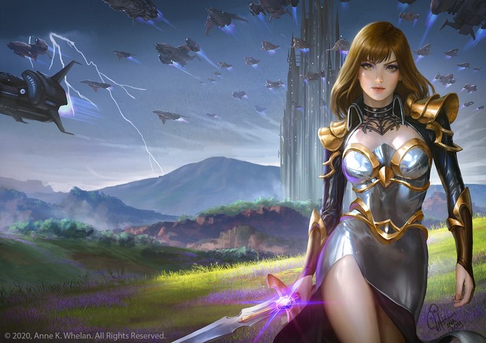 Fantasy woman with sword and sci-fi fleet