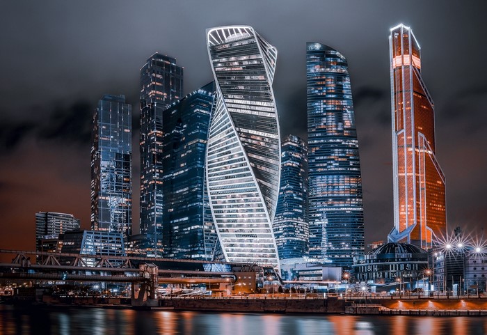 Moscow City skyscrapers at night