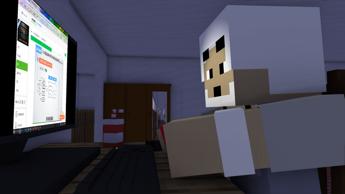 Minecraft character at a computer screen