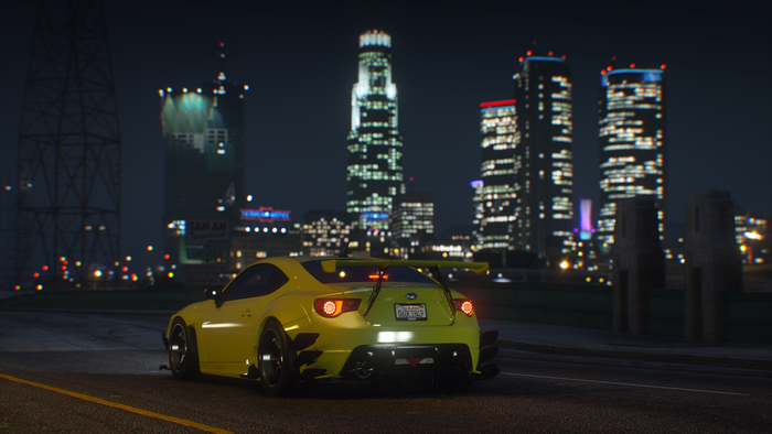 Yellow Subaru BRZ in Grand Theft Auto V at Night