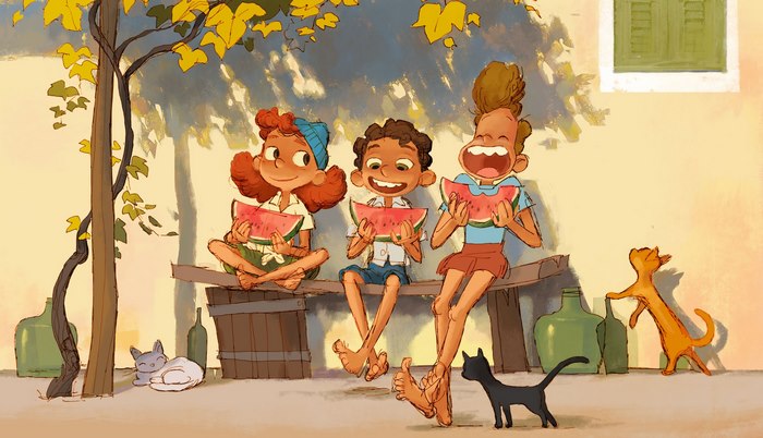 Luca, Alberto, and Giulia eating watermelon with cats