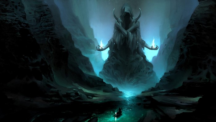 Fantasy art of a hooded figure with flames