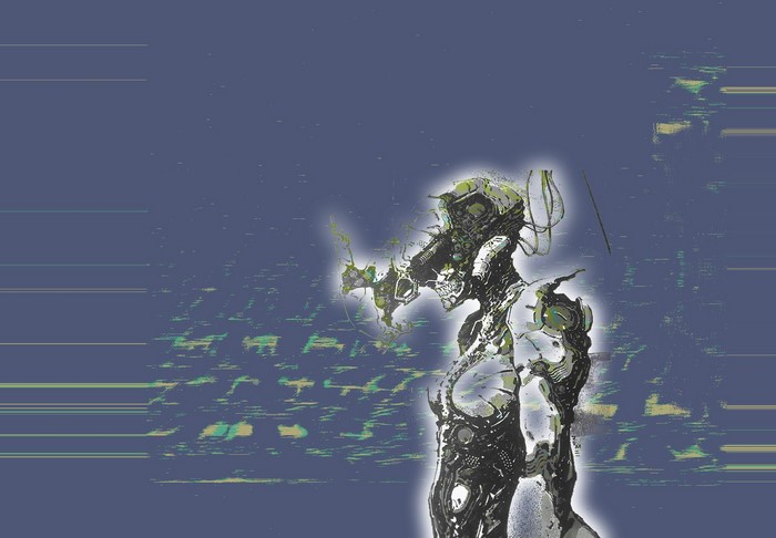 Cybernetic figure with mask and wires