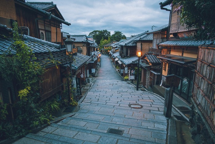 Street in old Japan with traditional buildings