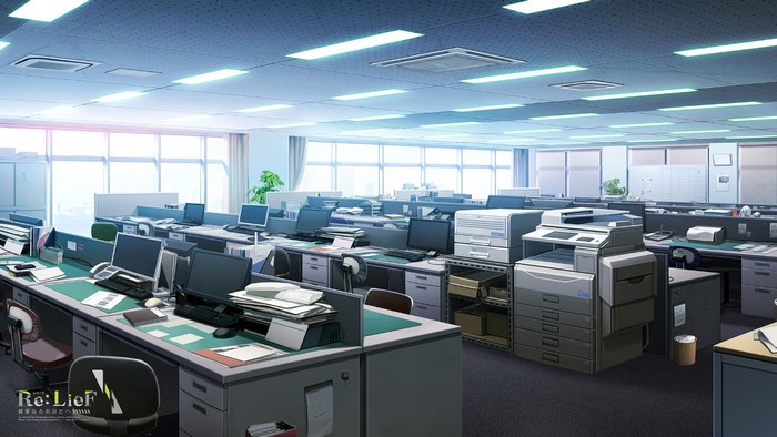 Anime office interior with cubicles and computers