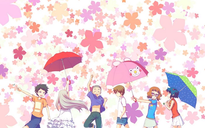 Anime characters with umbrellas under falling flowers