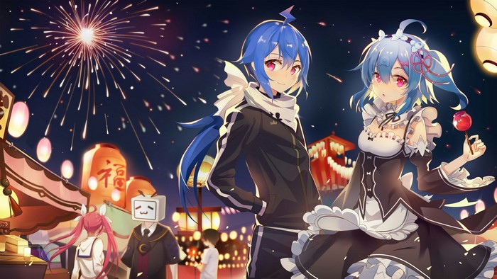 Anime characters at a festival with fireworks