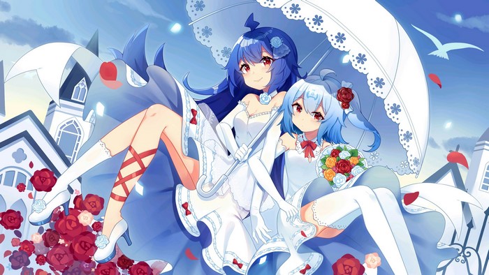 Anime girls in wedding dresses with roses and umbrella