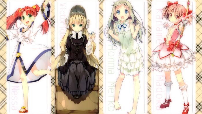 Anime girls Nessa, Victorique, Honma Meiko, and Madoka Kaname