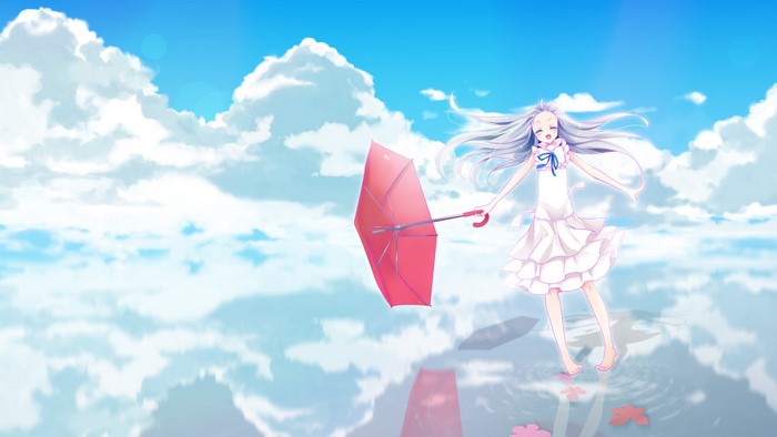 Menma Honma Meiko with a red umbrella in the sky