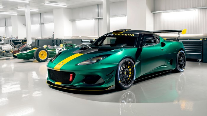 Lotus Evora GT410 Sport race car in a garage