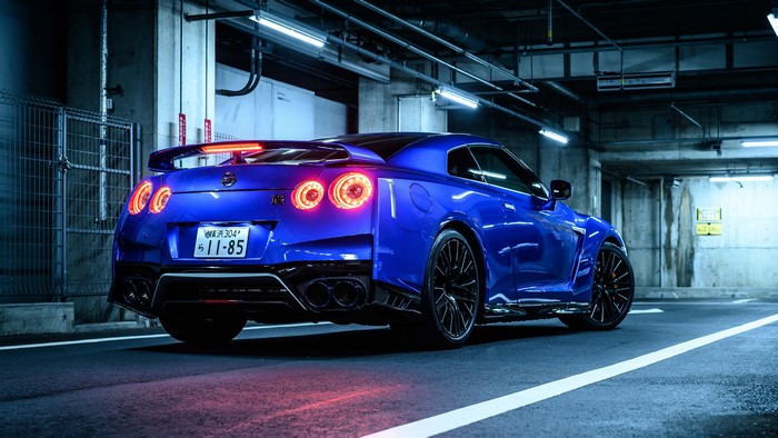 Blue Nissan GT-R in Parking Lot