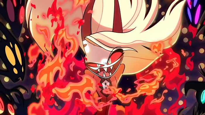 Charlie Magne from Hazbin Hotel surrounded by fire