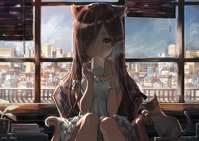 Anime girl with cat ears drinking coffee by the window