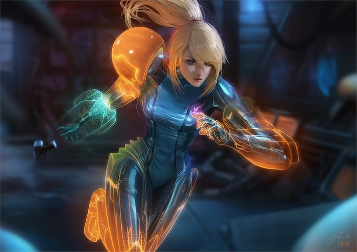 Samus Aran from Metroid in glowing blue and orange suit