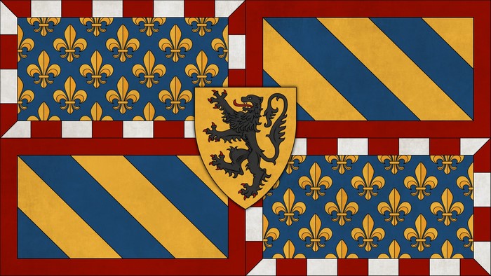 Medieval flag with fleur-de-lis and lion rampant
