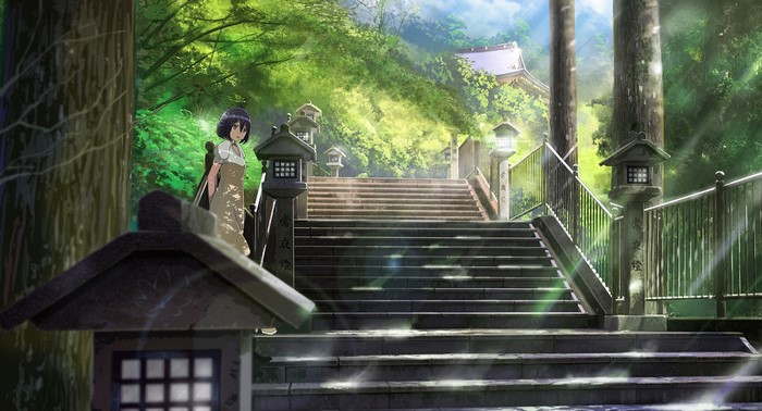 Anime girl on stairs of a Japanese shrine