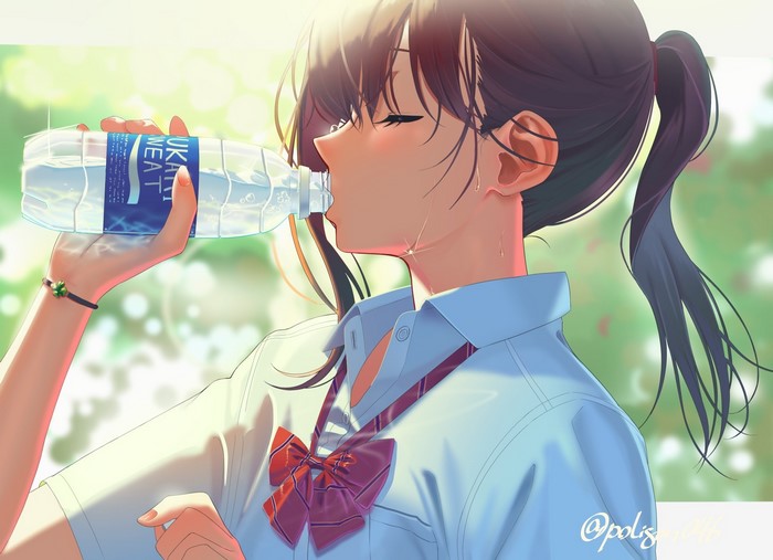 Anime girl with ponytail drinking from a water bottle
