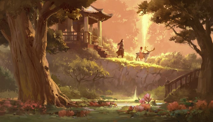 Lee Su Yeon and Deer in a Fantasy Forest Shrine