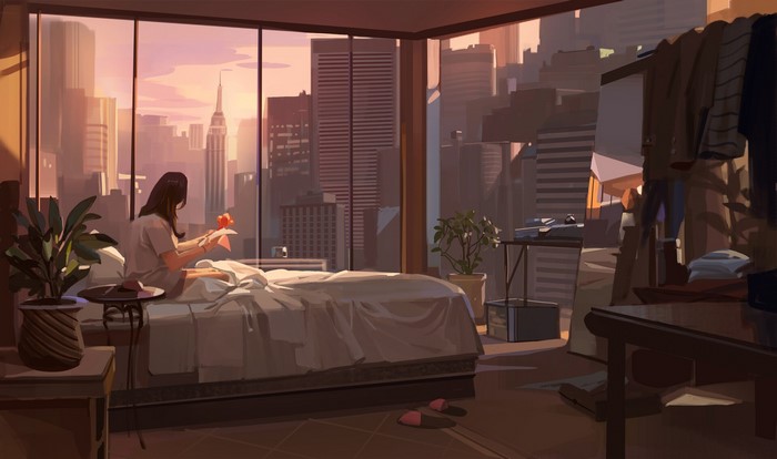 Lee Su Yeon in an apartment overlooking a cityscape