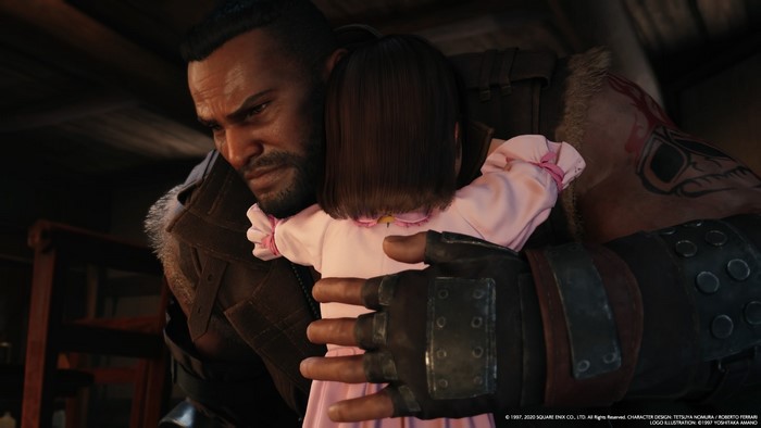 Barret Wallace hugging a doll from Final Fantasy VII: Remake