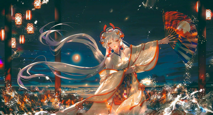 Anime girl with white hair and traditional Japanese attire holding a fan