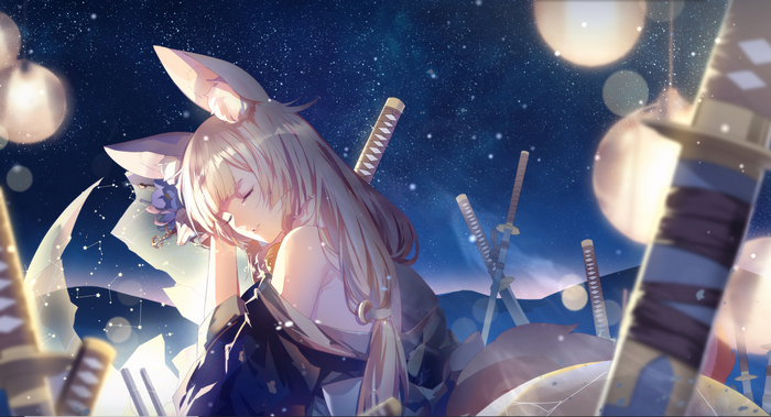 Anime girl with fox ears and swords under the stars