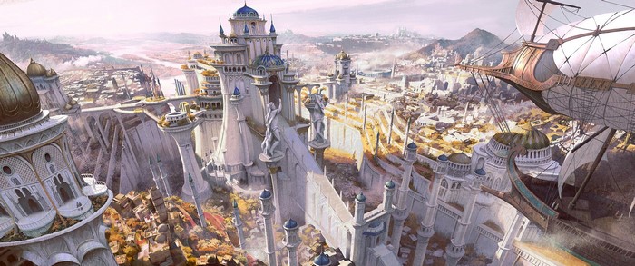 Fantasy city with ornate architecture and airship