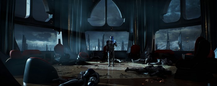 Clone Trooper in a destroyed room on Coruscant