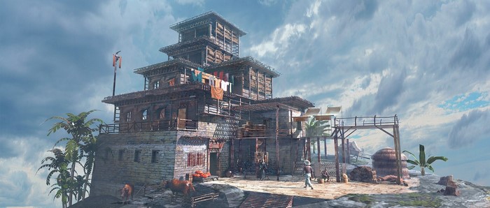 Multi-story wooden building on a cliff