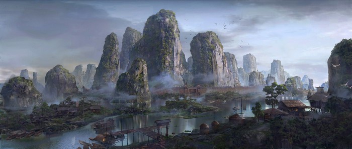 Misty mountains and river village