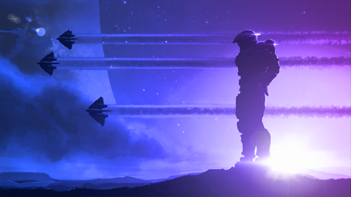 Master Chief from Halo in a sci-fi landscape