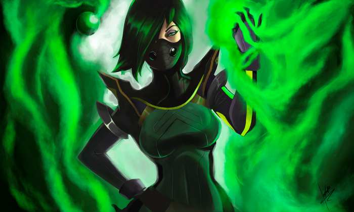 Viper from Valorant surrounded by green smoke