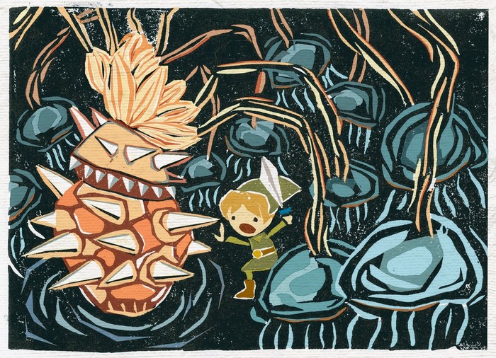 Link from The Legend of Zelda fighting a spiky monster
