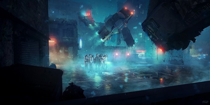 Artwork of characters from Stranger Things in a city