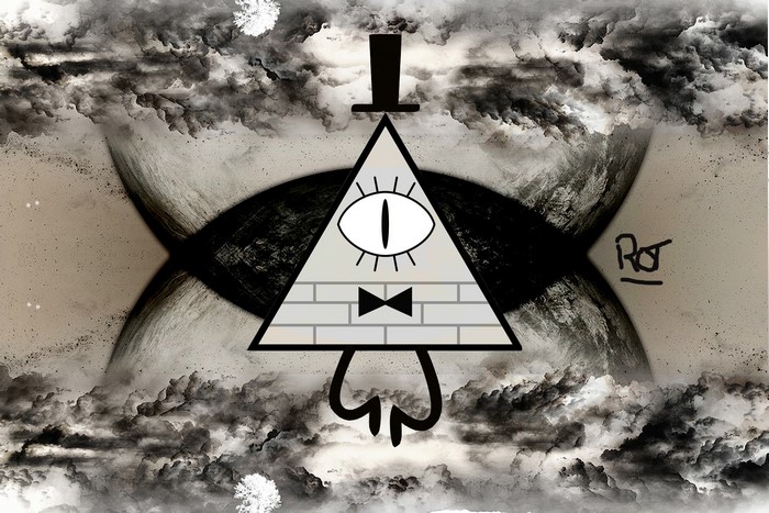 Bill Cipher from Gravity Falls in a monochrome, cloudy scene