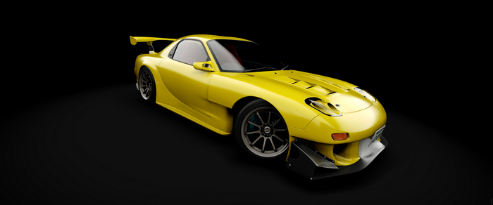 Yellow Mazda RX-7 FD with racing modifications on black background