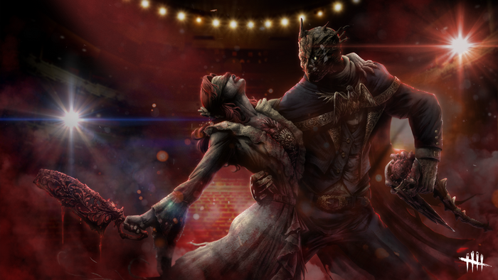 The Blight from Dead by Daylight dancing with a blindfolded woman