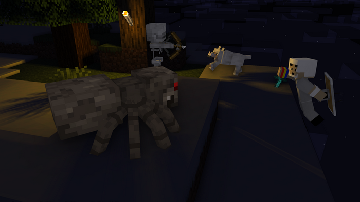 Minecraft spider, skeleton, wolf, and player at night