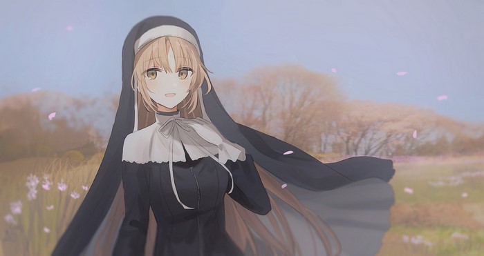 Anime nun with blonde hair and yellow eyes in a field