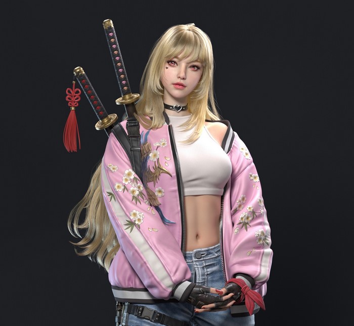 Woman with Katana and Pink Jacket