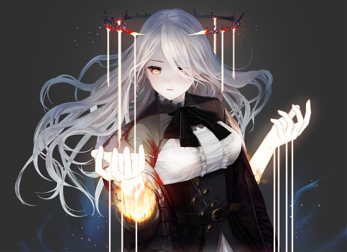 Anime girl with silver hair and glowing hands