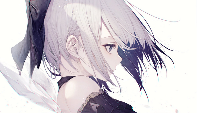 Anime girl with white hair and black ribbon