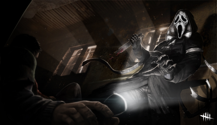 Ghostface from Dead by Daylight holding a bloody knife