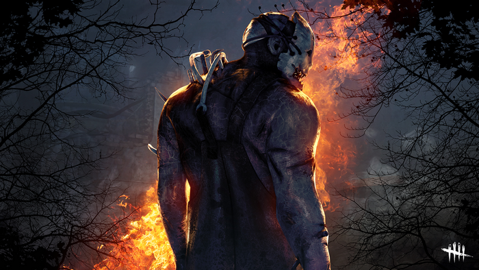 The Trapper from Dead by Daylight in front of fire